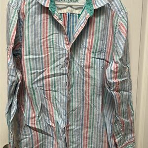 Tommy Bahama Men's Size M Button Up Shirt 100% Linen Green Blue Pink Stripe